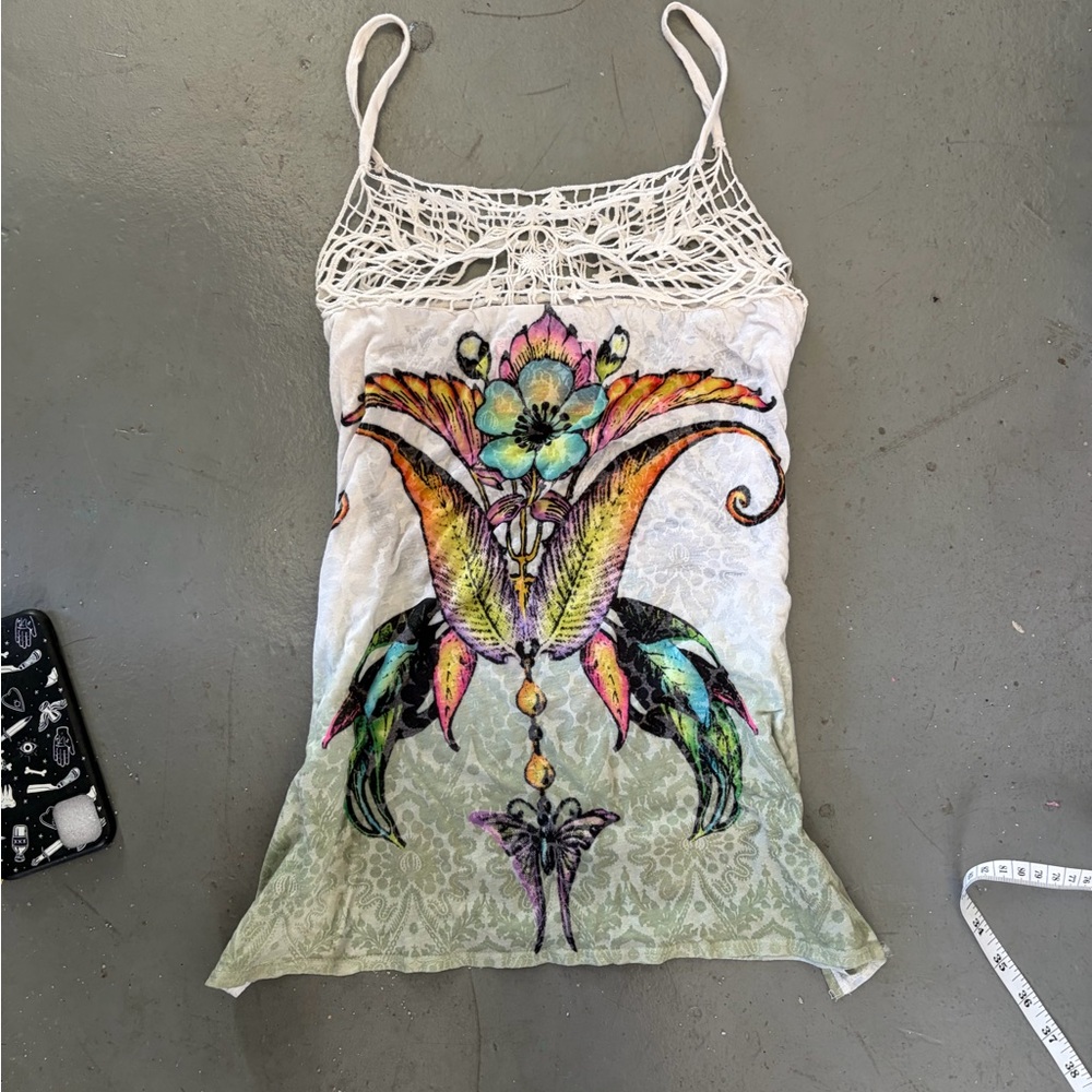Boho Crochet-Trim Floral Spaghetti Strap Tank Top - White with Multicolor Print - Picture 2 of 4